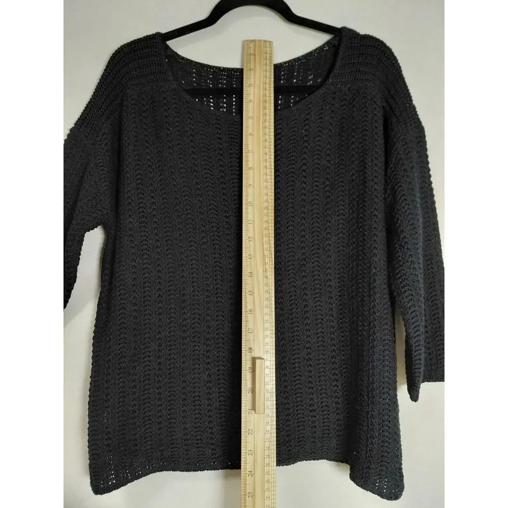 Ann Taylor Black Open Knit Scoop Neck 3/4 Sleeve Sweater Women Size L